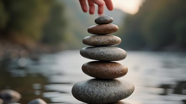 Balanced river stones stacking and unstacking in nature, serene