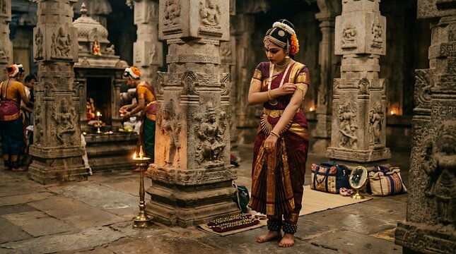 Indian woman praying in a traditional hindu stone temple