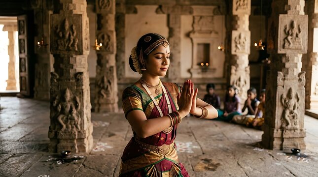 Indian woman performing traditional dance in ancient temple