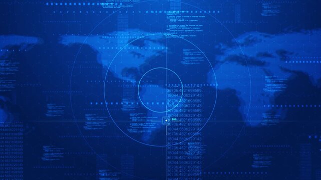 Digital world analytics screen visual with blue map texture, radar targets, floating numbers, and hexagon pattern. Perfect for data reports, global tech videos, and motion overlays.