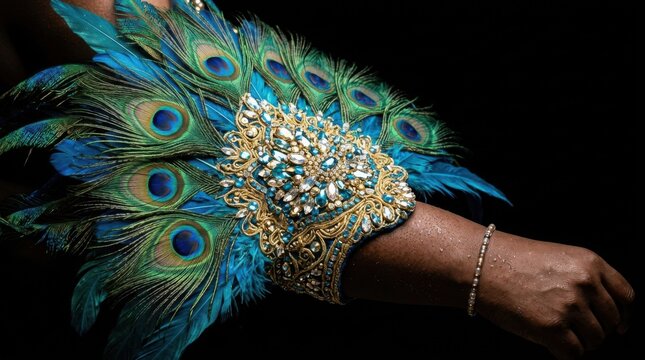 Close up view of luxury costume arm accessory embellished with shimmering peacock feathers and custom gold rhinestone patterns