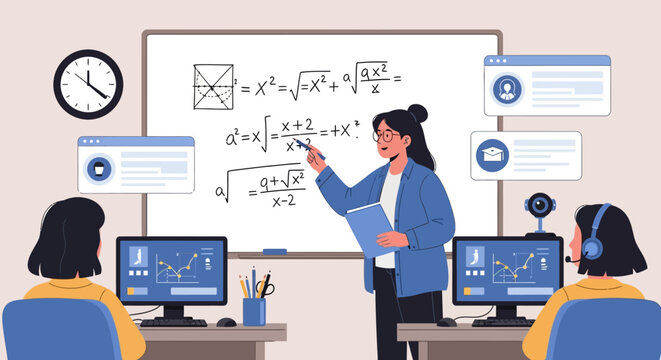 Teacher explaining complex math equations on whiteboard to students online.