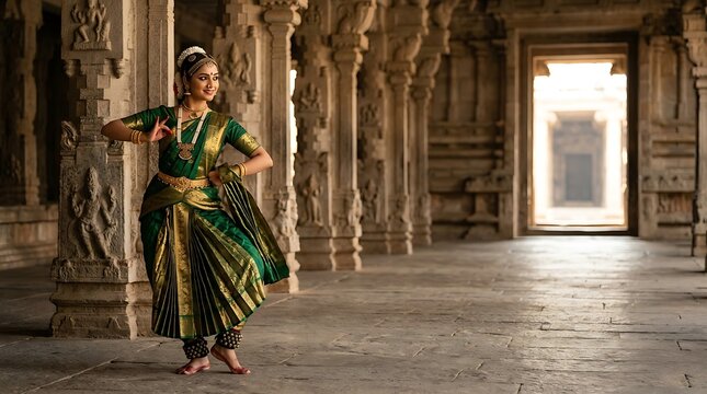 Indian classical dancer performing in a traditional temple