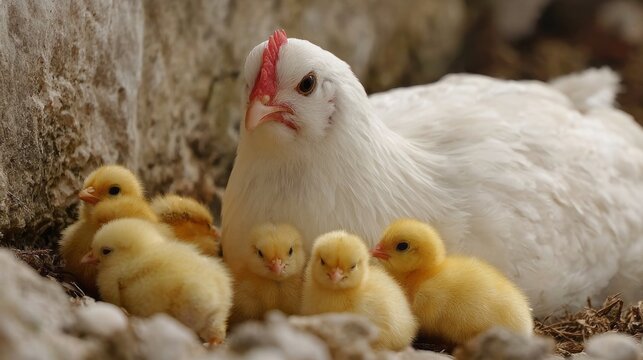 White hen protecting her adorable fluffy yellow chicks, caring mother hen with baby chicks, family bond in natural farm poultry, close-up domestic chicken with newborn hatchlings