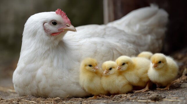 White hen protecting her adorable fluffy yellow chicks, caring mother hen with baby chicks, family bond in natural farm poultry, close-up domestic chicken with newborn hatchlings