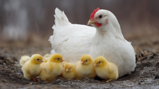 White hen protecting her adorable fluffy yellow chicks, caring mother hen with baby chicks, family bond in natural farm poultry, close-up domestic chicken with newborn hatchlings