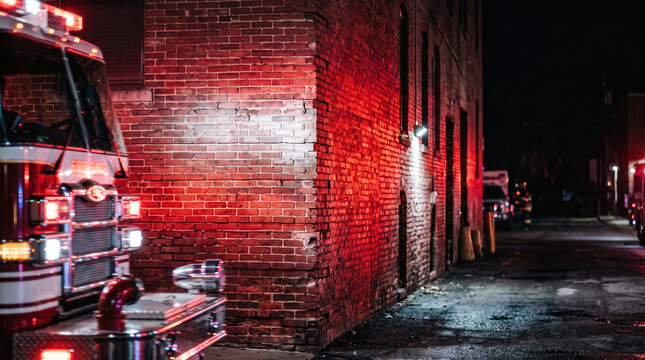 Fire truck with flashing lights beside brick wall at night.