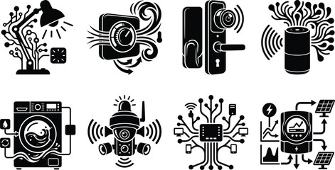 Set of black silhouette icons for smart home technology, home automation, connected devices, and energy management systems © MDMORSALIN