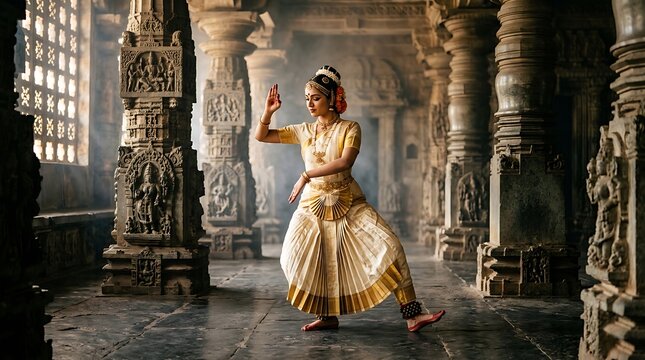 Indian woman performing traditional dance in ancient temple