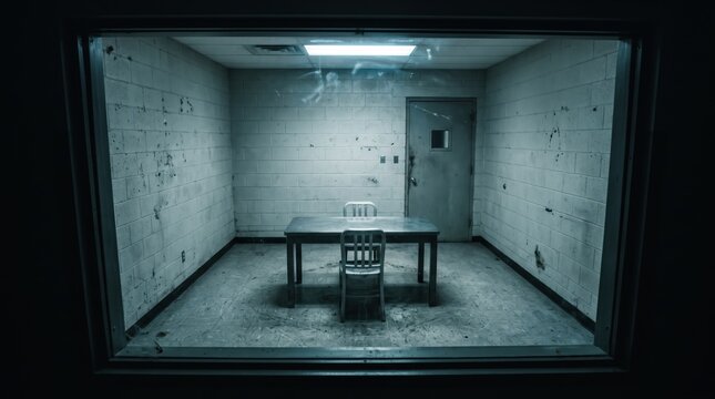 Interrogation Room Mystery: An empty, stark interrogation room with a table and chair, casting long shadows, evokes a sense of suspense and unease, hinting at past events or a pending encounter.