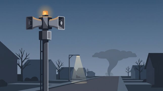 Emergency warning siren on a suburban street with a tornado approaching at night vector illustration