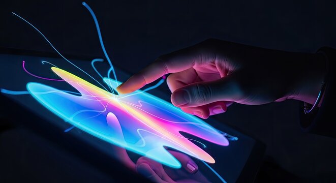 Fingertip touching colorful fluid neon light interface.