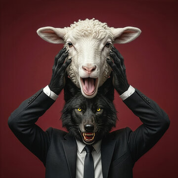 Wolf in Sheep Clothing Concept Businessman Wearing Sheep Mask Revealing Hidden Wolf Identity Deception and Fraud Business Warning