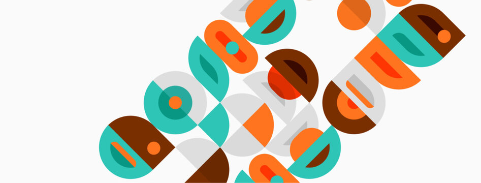 Abstract geometric shapes overlap, creating colorful pattern. Circles, rectangles combine for modern design. Minimalist aesthetic.