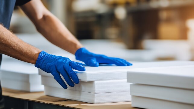 Worker arranging foam sheets in a factory.