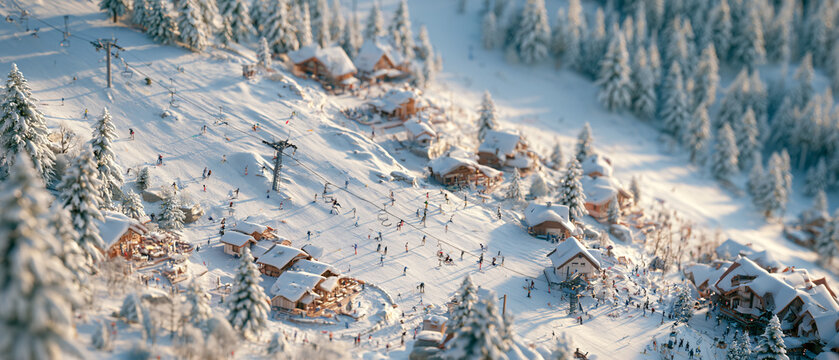 Aerial View of Snowy Mountain Ski Resort with Pine Trees.