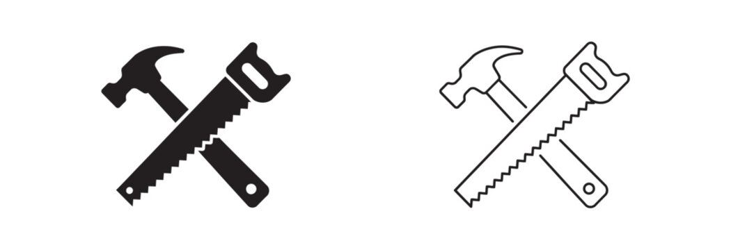 Professional construction tools icon set featuring a hammer and saw in black and line style