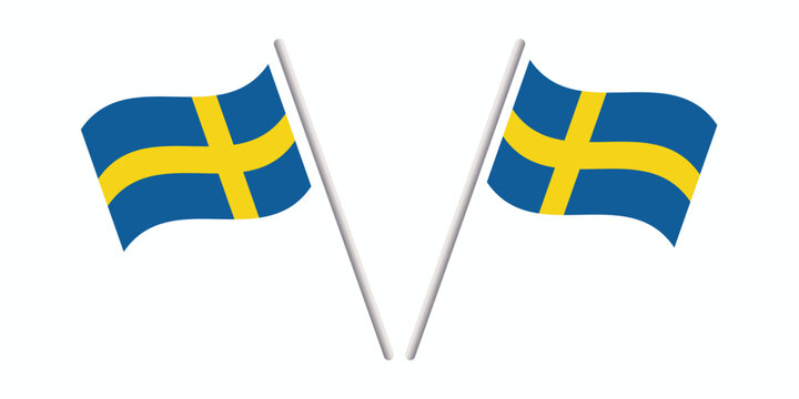 Two Swedish flags on poles. Waving Sweden national banners isolated on white background.