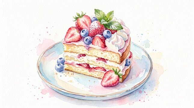 Layered Cake Slice with Fresh Berries Watercolor Illustration