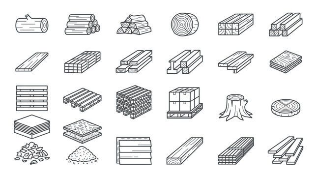 Wood timber lumber sawmill carpentry icon set line vector illustration