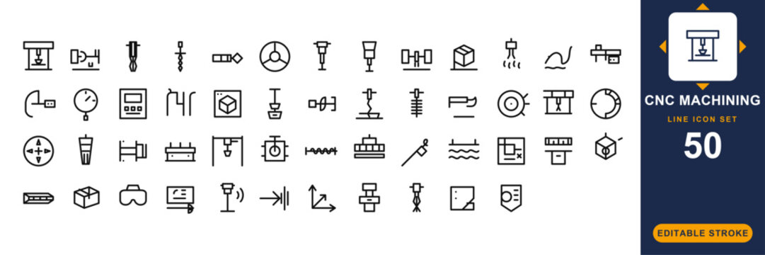 CNC Machining icon set. Editable line icons. Vector illustration.