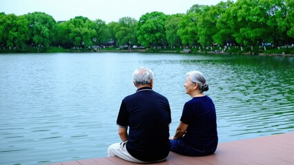 Fototapeta premium Elderly Couple by the Lake: An elderly couple, seen from behind, sits on a wooden dock, gazing peacefully at a tranquil lake surrounded by lush green trees.