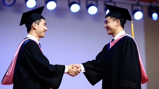 Graduation Congratulations: Two young men in graduation gowns and caps shake hands in a congratulatory gesture, marking the culmination of their academic journey with pride and accomplishment.