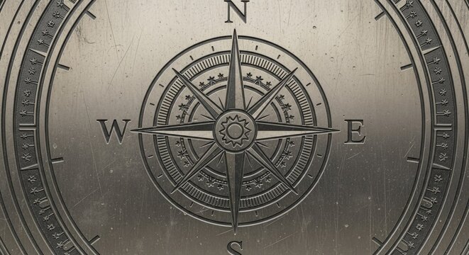 Close up of a vintage navigational compass showing directions and cardinal points