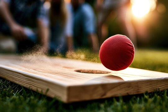 Red game ball flying over wooden cornhole board during outdoor game at sunset