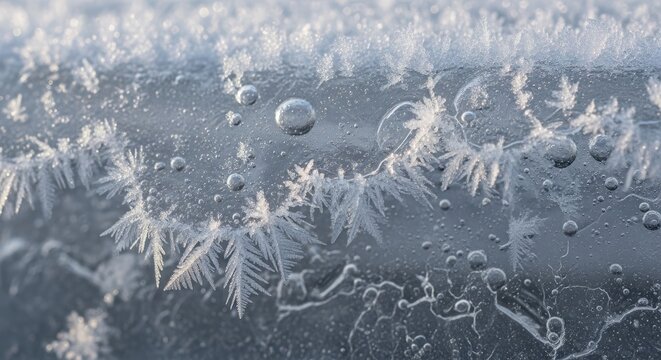 Close up of delicate ice crystal formation and air bubbles in frozen water surface