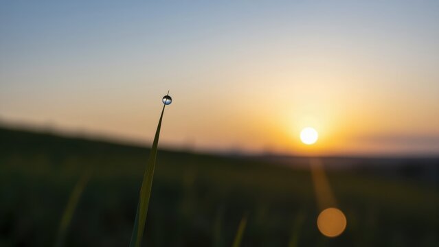 Sunrise Dewdrop: A single dewdrop clings precariously to a blade of grass, reflecting the soft glow of the rising sun in a serene dawn landscape.