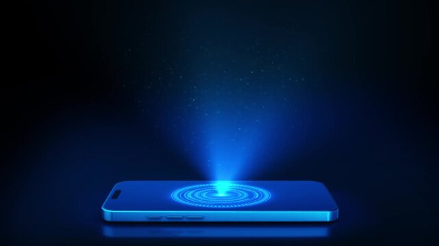 Blue mobile holographic scanner visual with phone platform, bright projection beam, and floating particle glow. Perfect for app promos, AR videos, tech explainers, and motion overlays.