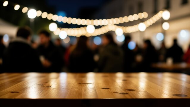 Evening Gathering Under String Lights: A wooden table is in the foreground, with a blurred background of people enjoying a nighttime gathering under a canopy of warm, illuminated string lights.