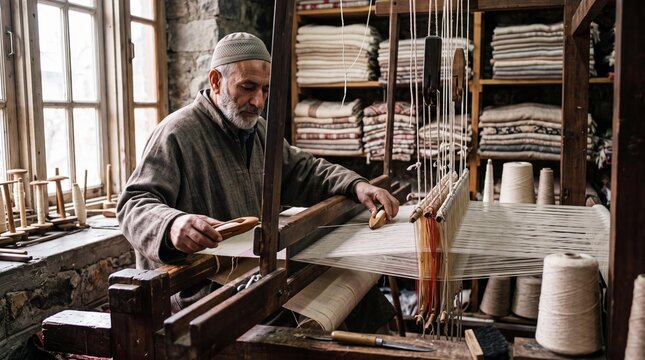 Kashmiri weaver crafting a fine pashmina cashmere shawl on a wooden handloom.