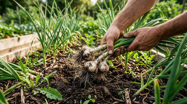 Hands Harvesting Fresh Garlic Bulbs From A Raised Garden Bed