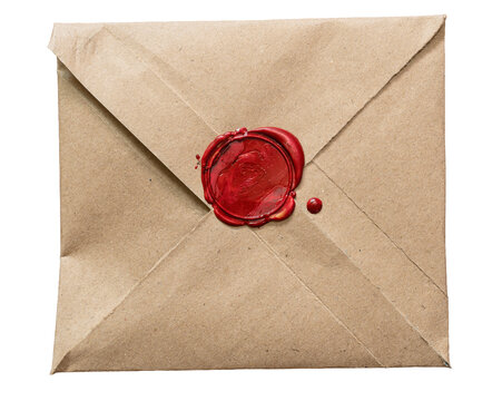 Handmade square brown envelope with metallic red wax seal