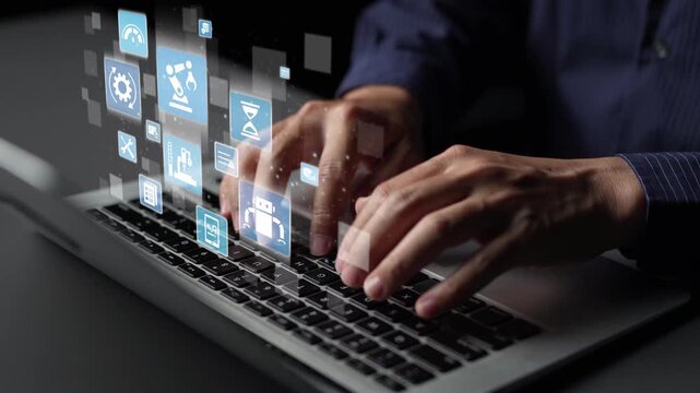 Predictive maintenance icons for industry, automation, smart factory and manufacturing showing data analysis, monitoring, robotics and system optimization with advanced maintenance solutions. Funnel