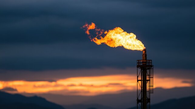 Industrial flare stack burning gas at sunset