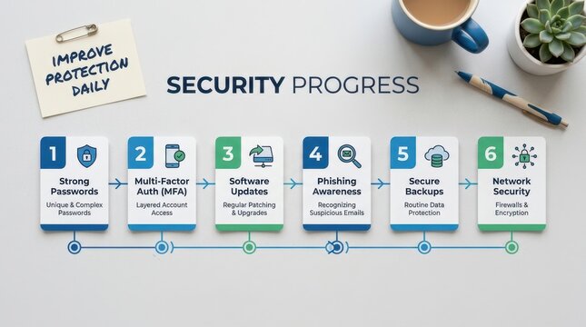 Professional cybersecurity infographic showing six essential security progress steps including strong passwords, mfa, software updates, phishing awareness, secure backups, and network security system.