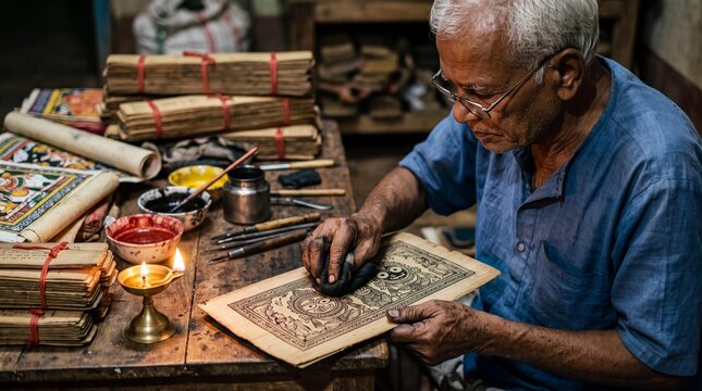 Indian craftsman applying ink to traditional Pattachitra palm leaf manuscript