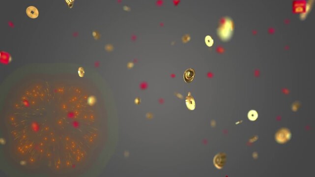 Gold coins and red lanterns float across a dark grey background to celebrate the lunar new year festival with traditional cultural symbols that signify wealth and prosperity for the coming spring.