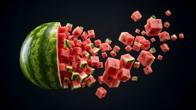 Exploding watermelon breaking into flying square chunks against black background symbolizing energetic food disruption