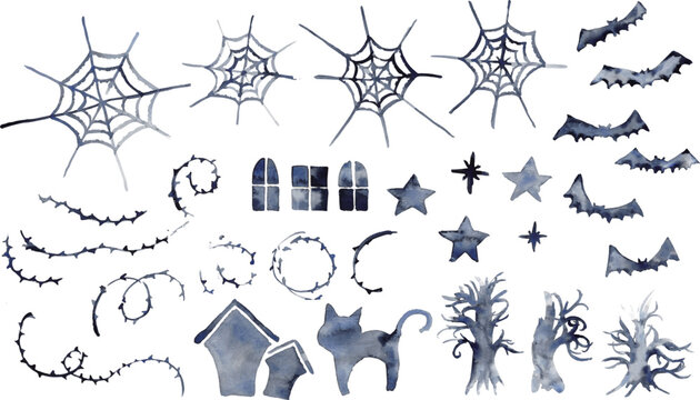水彩ハロウィン装飾素材セット　Watercolor Halloween Decorative Elements Set