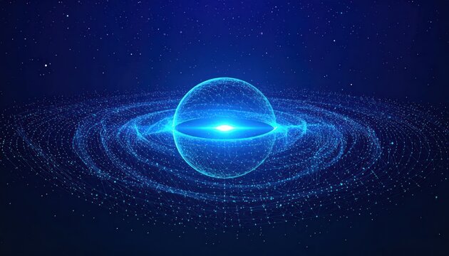 Futuristic glowing blue sphere with an intricate digital network swirling around it in deep space representing global connections and technological advancement