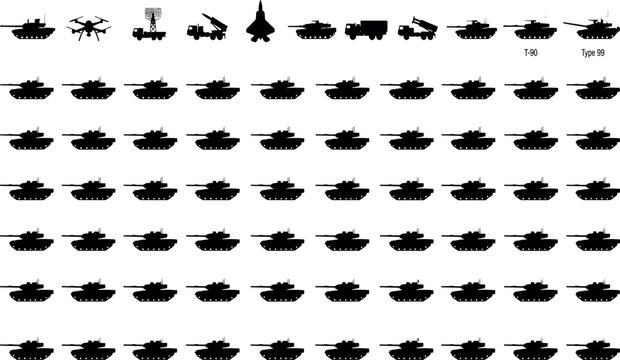 Military army vehicle black silhouette icon set featuring large matrix rows of battle tanks, armored trucks, missile launchers, and drone isolated on white background. 🪖