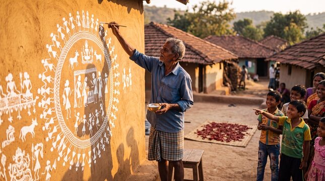 Indian artist painting traditional Warli folk art mural on village mud wall