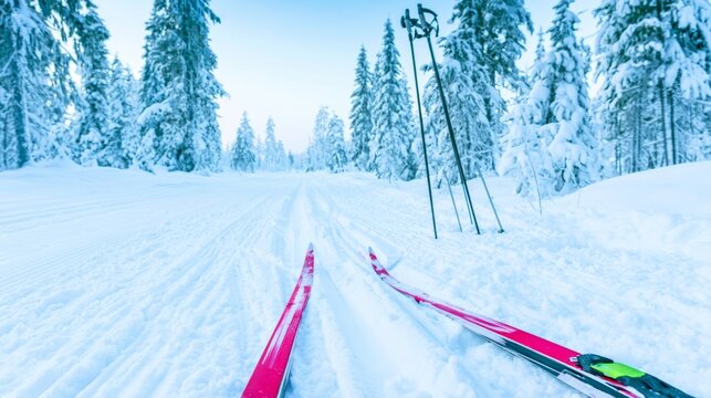 Scenic Cross Country Ski Trail with Equipment in a Snowy Winter Landscape Surrounded by Evergreen Trees