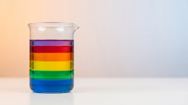 Rainbow liquid layers in laboratory beaker on white table