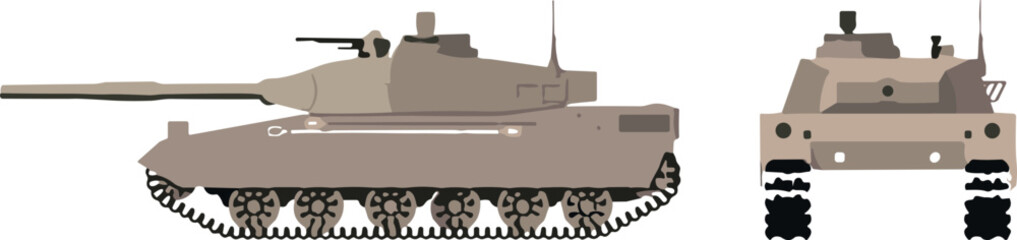 Desert tan military main battle tank vector illustration featuring side profile and front view blueprint diagrams isolated on white background. © Liton