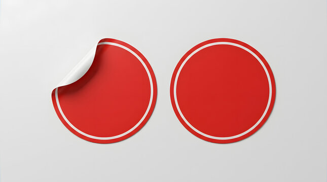 Two bright red circular stickers with white borders, one peeled, on a plain light gray background